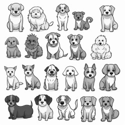 draw 30 images of dogs each featuring a different breed or pose