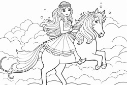 princess riding a unicorn on the clouds with rainbow in the background