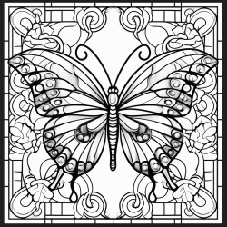 stained glass window featuring a butterfly