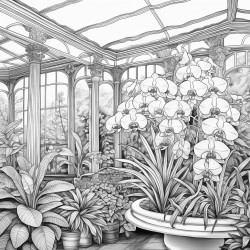 create a blackandwhite coloring page of orchids in full bloom inside a greenhouse use bold outlines for large petals stems and a few leaves add arching stems for variety include minimal background details like glass panes or plant pots to keep the focus on the orchids keep the design simple