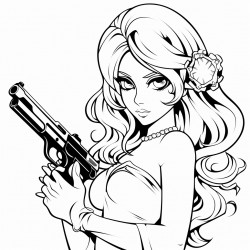 a beautiful chick with long hair holding a gun