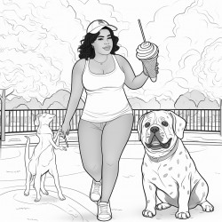 coloring page black and white fat girl having ice cream in the park walking with her dog