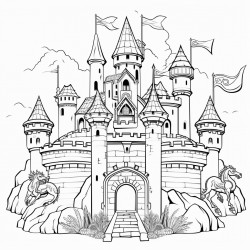 a medieval castle with knights and a dragon