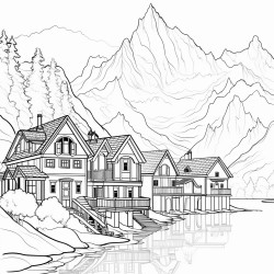 mountains with houses and lake