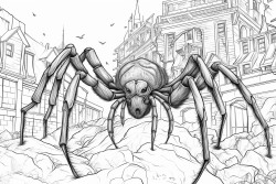 large detailed spider towering over school