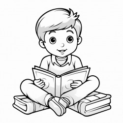 child sitting cross legged reading book in library