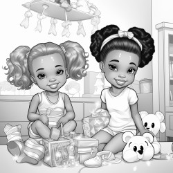 two little beautiful african american toddles with ponytails and bows playing with toys in a beautiful girly bedroom coloring page
