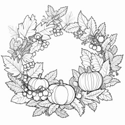 create a blackandwhite coloring page featuring an autumninspired wreath with leaves pumpkins berries and acorns arrange the elements in a loose semicircle format leaving gaps so the wreath does not fully close each item should have clear