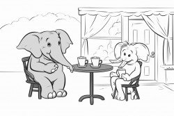 image of an elephant and a donkey sitting at a table drinking coffee