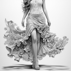high heels walking confident flow skirt showing at the top of page