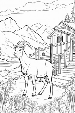 a wild goat switzerland landscape with a quaint stone house surrounded by flowers wooden dock extending into a lake