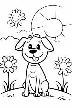 create a black and white outline of a happy cartoon dog in a park with a tree flowers and a sun for coloring