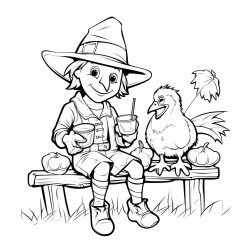 birds sitting on the arms of a scarecrow and drinking lemonade
