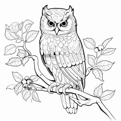 coloring page owl perched on a tree branch with leaves around no shading high details thick lines