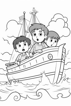 worried boys working in a big boat with a big storm