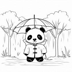 baby panda wearing a raincoat in jungle surrounded by tall trees and rain