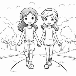 two girls holding hands walking on a path