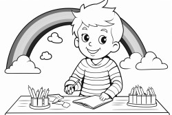 a little boy painting rainbows on a table with many colors