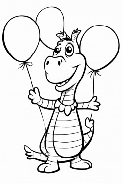 a dancing alligator holding balloons with a dancing zebra in a simple coloring book style