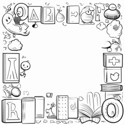 page borders with speech bubbles alphabet blocks and open dictionaries