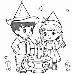 a little boy and a little girl are celebrating a birthday with a young witch