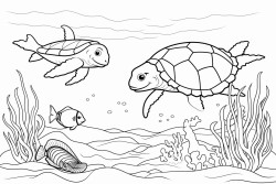 a baby sea turtle an octopus 5 fish and a shark on a coral reef