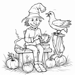 birds sitting on the arms of a stick scarecrow and drinking lemonade