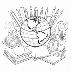 globe of the world with school supplies around the letters e n l in the middle of the coloring page
