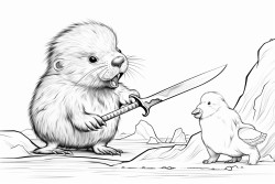 baby chicken with knife in its hand chases walrus
