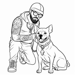 thin bald punk with a beard playing with boxer lab dog with cute chubby woman wearing glasses