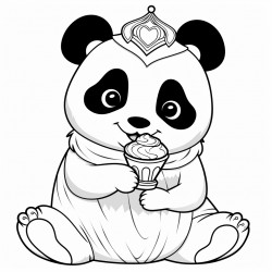 teenage panda with long eyelashes wearing a princess tiara eating a large ice cream cone on the beach
