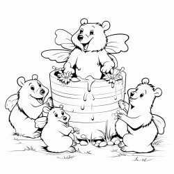 bear struggle stealing honey from beehive with full of buzzing bees