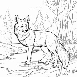 coloring page fox standing near a stream with trees in the background no shading high details thick lines