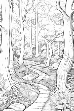 forest scene with tall trees and a winding path