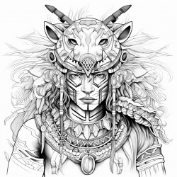 aztec jaguar themed warrior wuen with jaguar themed headress coloring page