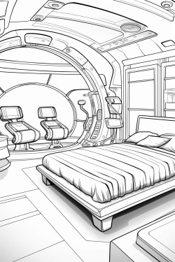 an expensive futuristic hotel room from the future with a bed and windows