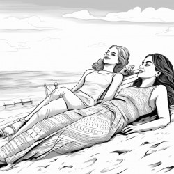 coloring page black and white body positive ladies lying on the sandy beach