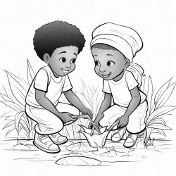 professional sketch drawing of african boy and a girl chlid caring  for plants in the forest for a coloring page