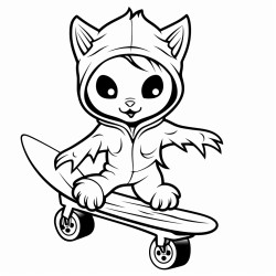 a black cat wearing a ghost costume riding a skate board on halloween