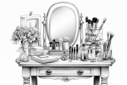 a chic vanity with an elegant mirror surrounded by makeup brushes foundations eyeshadow palettes and lipstick tubes