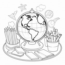 globe of the world with school supplies around the letters e n l in the middle of the coloring page