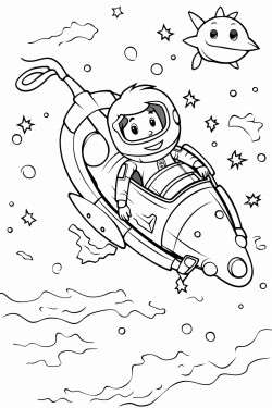 a man riding a submarine through space looking at stars and sea cratures floating through space