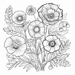 a bloom of intricate botanical flowers with complex designs and patterns in a white outline style