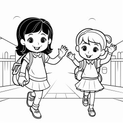 elementary student waving good bye to a friend at school