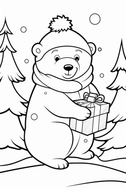 a cute polar bear wearing a santa hat sitting on snow holding a gift box the background is a snowy winter wonderland with snowcovered trees and a sunset fullbody view diagonal pose in a playful cartoon style