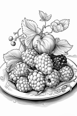 create a blackandwhite coloring page illustration featuring an clair on a beautiful plate elegantly decorated with berries the design must have maximum clarity in detail showcasing the textures layers and decorations of the clair making it suitable for coloring