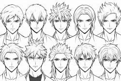 10 different male anime characcters without colour or shade