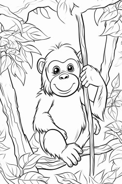 an orangutan hanging from a tree branch with long arms and a curious face surrounded by dense tropical leaves and vines