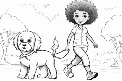 beautiful  african american young girl walking confidently strong and courageous while with cute fluffy puppy