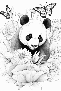 una panda jugando con mariposas en una pampa primaveral